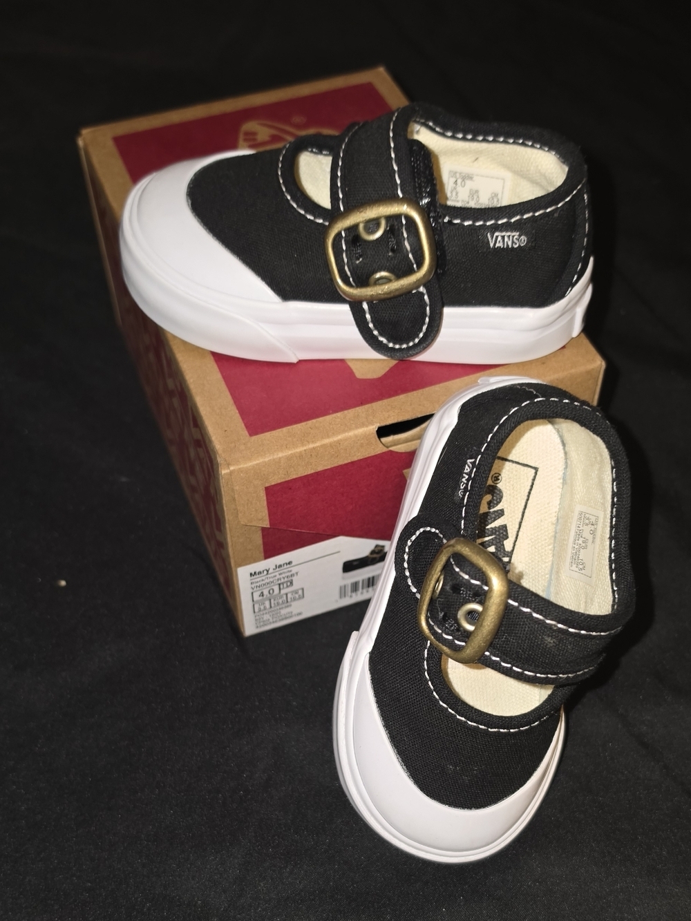 Vans Kids Mary Jane Sneakers - Black & White with Brass Buckle Accent